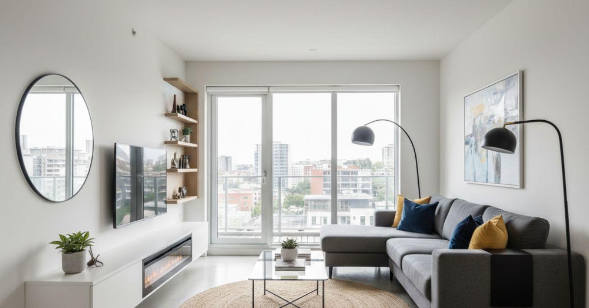 Beautiful living room of a 1 BHK flat in Moshi with bright interiors and comfortable seating, perfect for small families in Pune.